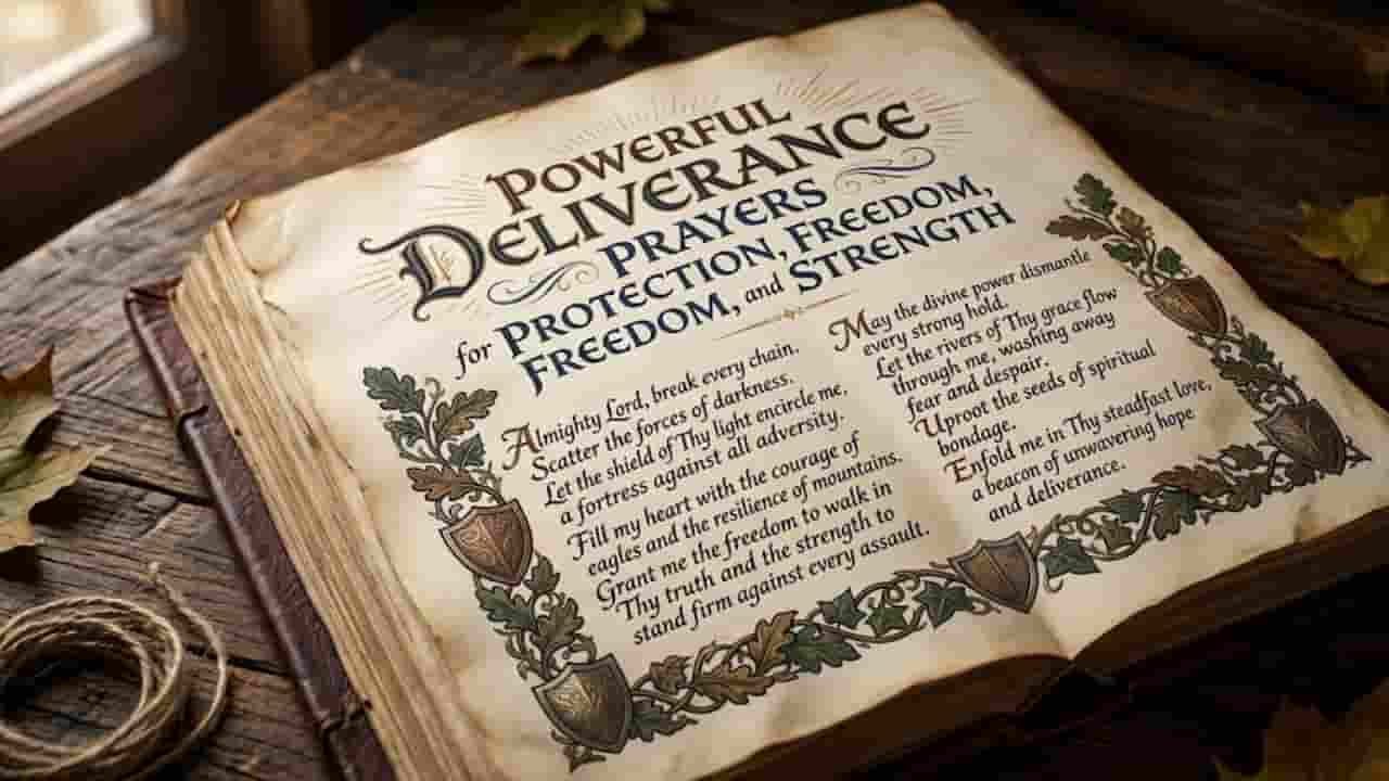 An open vintage manuscript featuring title lettering and written prayers for deliverance, flanked by decorative botanical borders and shield motifs "powerful deliverance prayers".