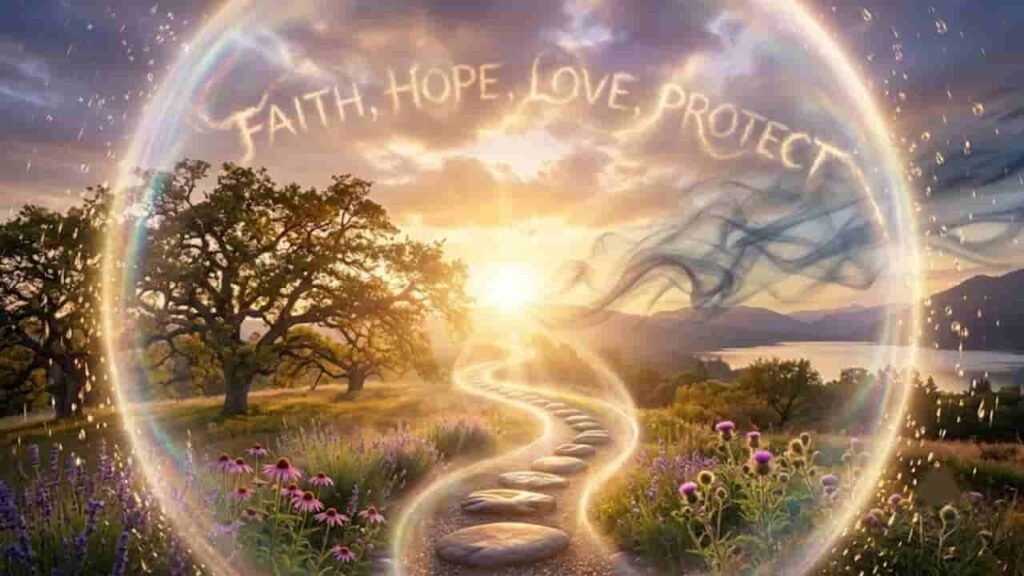 Luminous path leading into a glowing sunset, surrounded by lush trees, wildflowers, and a radiant protective light shield with the words FAITH, HOPE, LOVE, PROTECT written in glowing light.