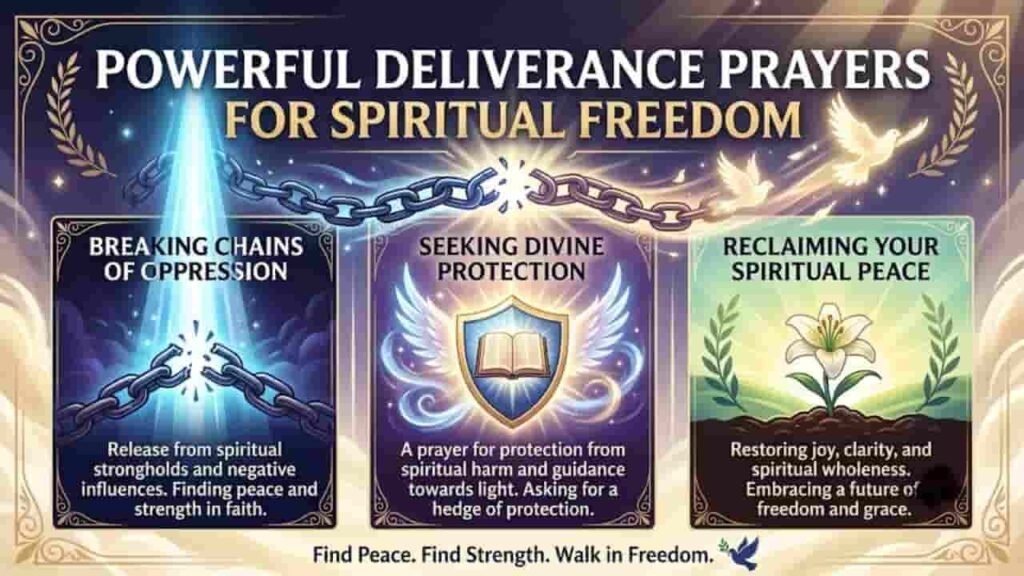 A featured graphics card titled "Powerful Deliverance Prayers for Spiritual Freedom" showcasing three panels: breaking chains of oppression with a beam of light, a shield with an open book and wings for divine protection, and a blooming white lily representing spiritual peace.