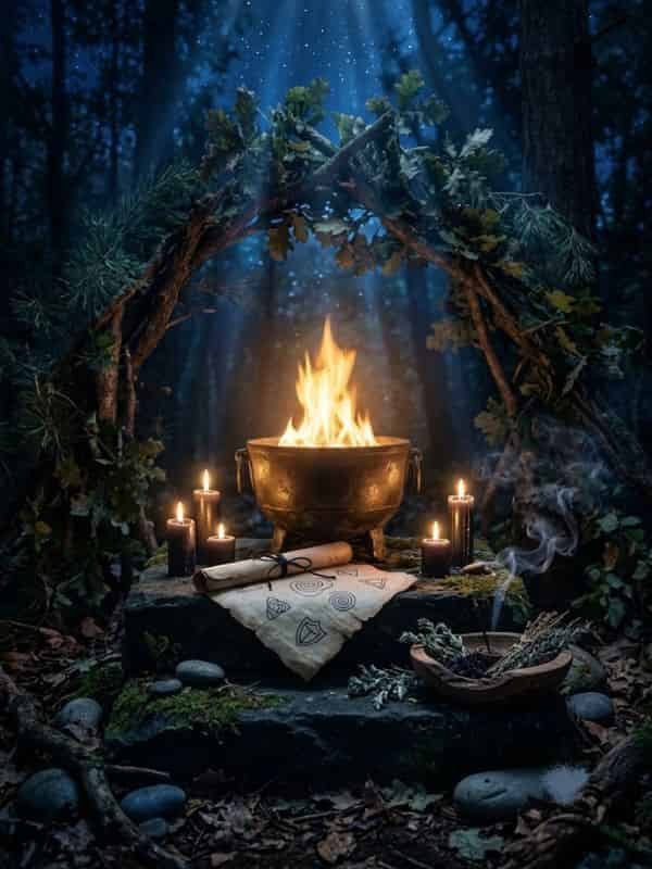 An outdoor altar in a dark midnight forest featuring a bronze cauldron with glowing fire, burning candles, a scroll with protective symbols, and smoking incense beneath a archway made of leaves and branches.