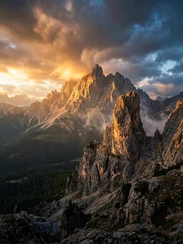 A towering, rugged mountain peak illuminated by golden sunlight bursting through dramatic storm clouds.