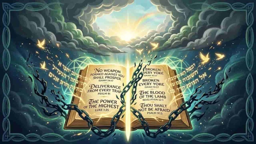 An open sacred Bible surrounded by breaking heavy iron chains, radiant heavenly light, glowing dove silhouettes, and Hebrew scripture typography against a dark storm background.