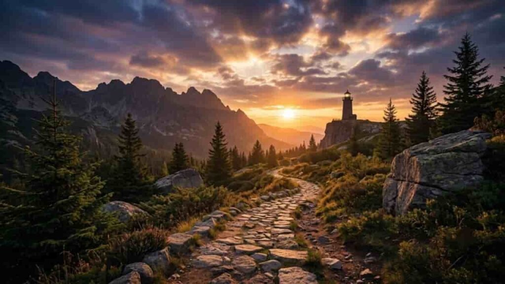 A winding stone path through a pine forest leading toward a distant lighthouse on a cliff at sunset with rugged mountain peaks in the background.