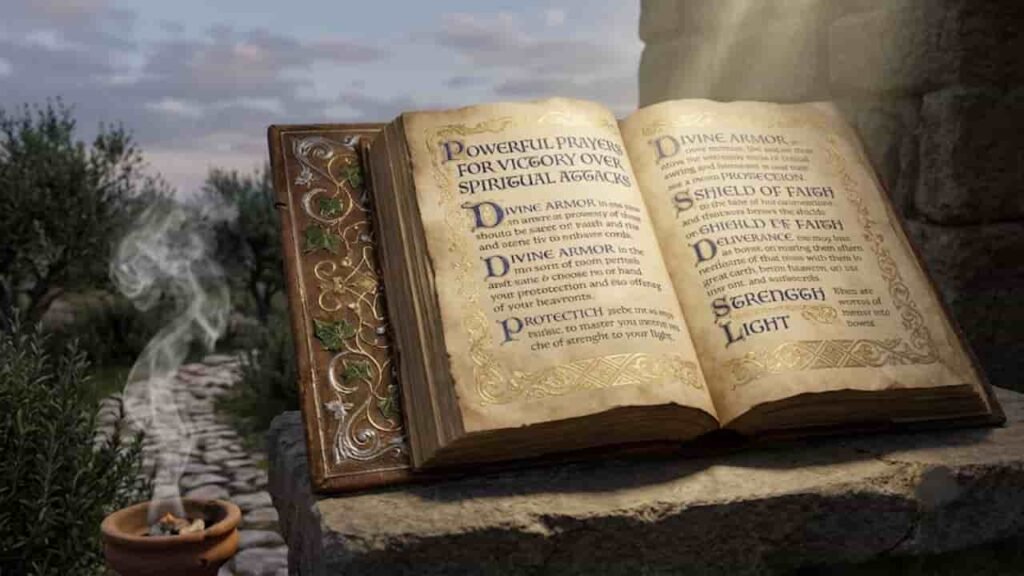 An open antique manuscript featuring calligraphy titled "Powerful Prayers for Victory over Spiritual Attacks" set on a stone pedestal outdoors.