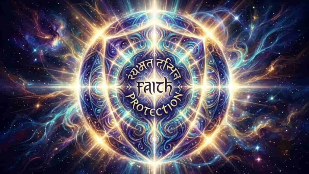 A luminous glowing shield floating in a cosmic night sky surrounded by swirling energy and starlight, with the words "FAITH" and "PROTECTION" centered within it.
