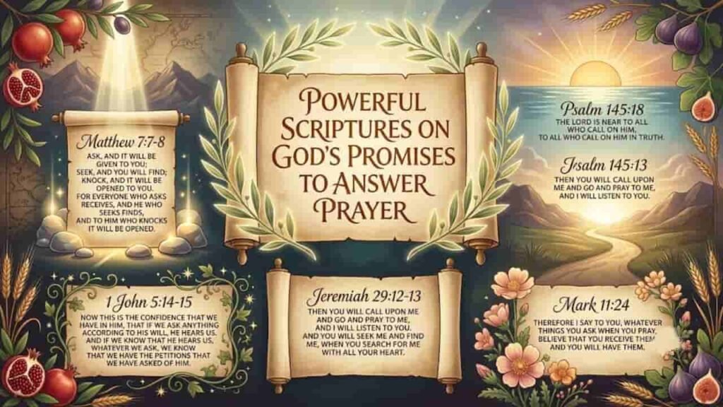 An engraved stone displaying three Bible verses about prayer set in a scenic mountain landscape with a winding river and wildflowers at sunset.