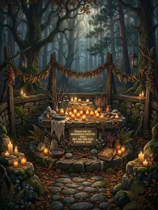 A rustic stone altar in a misty woodland shrine surrounded by lit candles, dried botanical garlands, stone bowls, and ferns, featuring an engraved plaque that reads "Prayer for the Abandoned & Forgotten Souls."