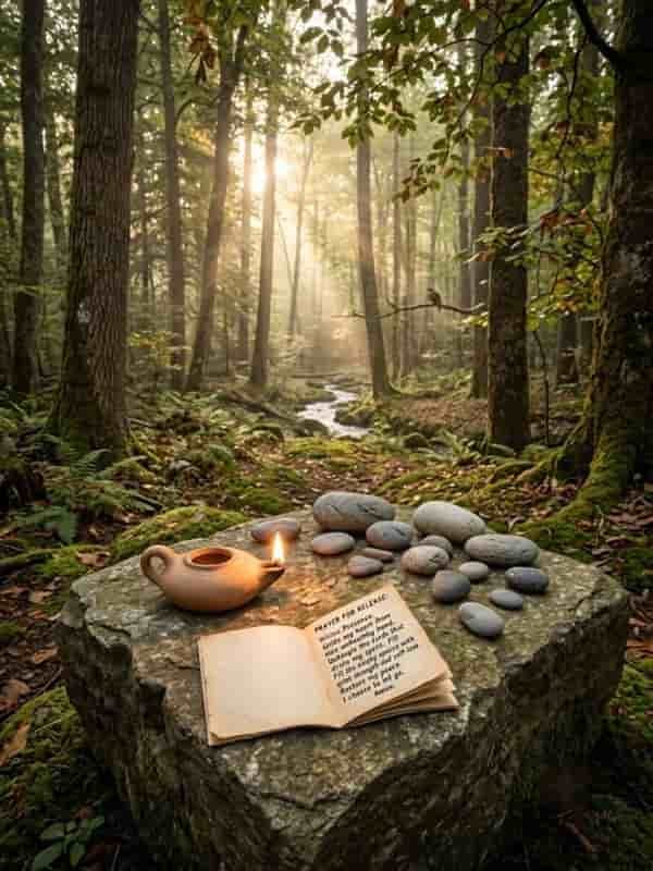A lit oil lamp, smooth stones, and an open book rest on a mossy stone altar in a sunlit forest, displaying a prayer for release.
