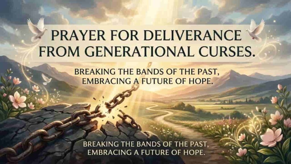High-resolution graphic with breaking chains over a sunlit landscape and doves, featuring the text "Prayer for Deliverance from Generational Curses"