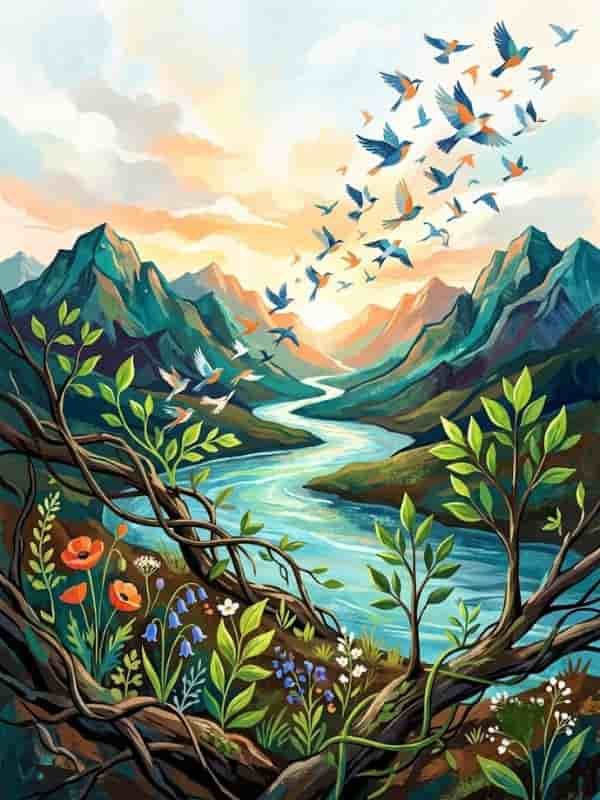 Illustration of birds flying out of tangled branches toward a glowing valley, mountain range, and winding river.