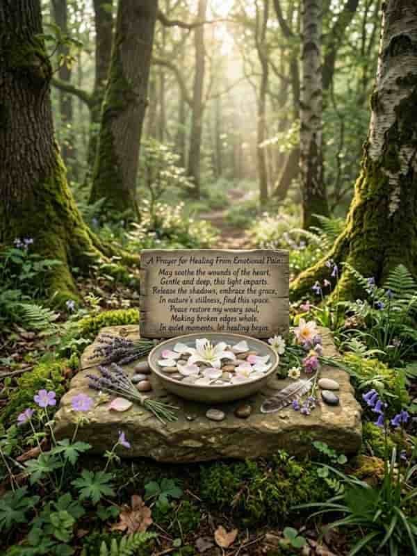 A stone plaque inscribed with a prayer for emotional healing set in a lush forest surrounded by flowers, lavender, and a bowl of water with floating lily petals.