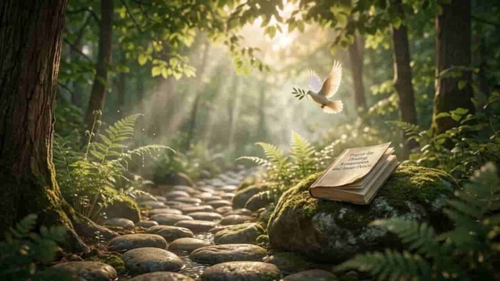 A serene forest path with sunlight filtering through trees, a peaceful white dove carrying an olive branch, and an open book inscribed with "Prayer for Healing, Restoration, and Inner Peace."