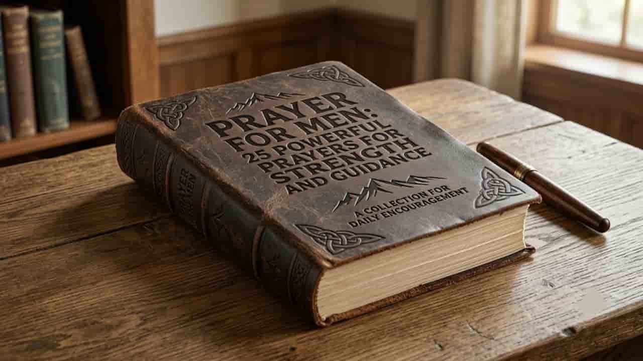 A rustic leather-bound book on a wooden desk embossed with the title "Prayer for Men: 25 Powerful Prayers for Strength and Guidance" surrounded by a classic study setting.