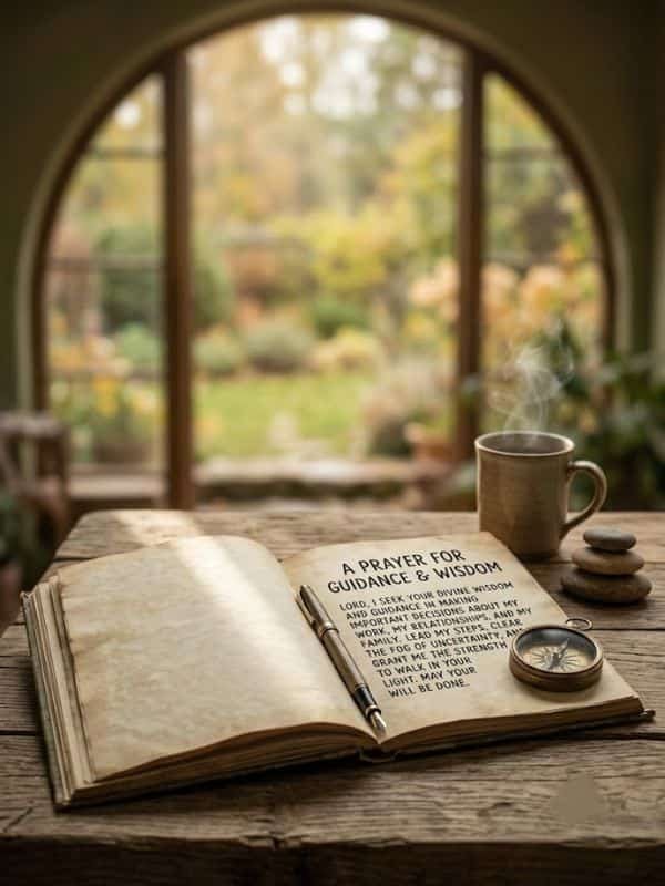 An open journal with a written prayer resting on a wooden table beside a fountain pen, a vintage brass compass, a steaming mug, and stacked river stones, set in front of a warm window view.
