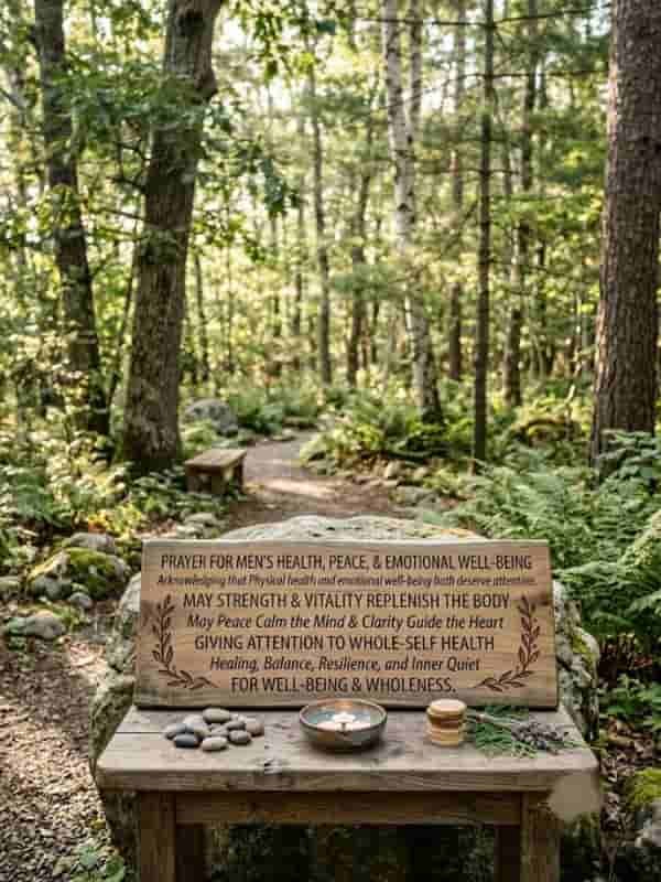 A wooden plaque featuring a prayer for men's health, peace, and emotional well-being set on a rustic wooden bench along a serene forest path.