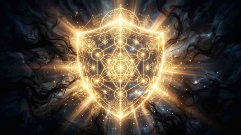 A glowing golden shield formed of intricate geometric light and sacred patterns, radiating a warm beam of light through surrounding dark, smoky clouds.