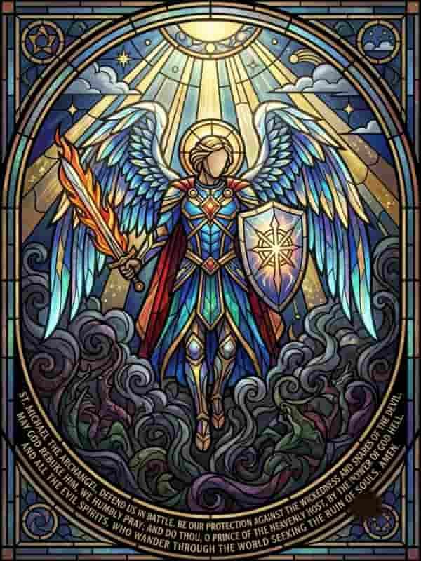 Stained glass illustration of St. Michael the Archangel in divine armor holding a flaming sword and shield with the Prayer to St. Michael inscribed around the border.