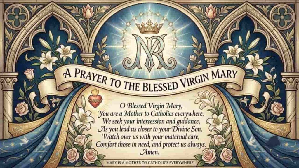 A prayer to the Blessed Virgin Mary inscribed inside an ornate Gothic-style frame featuring white lilies, roses, doves, a crown, and the Marian monogram.