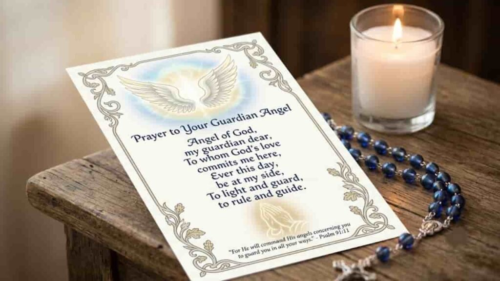 A printed card featuring the "Prayer to Your Guardian Angel" alongside angel wings, a glowing candle, and blue rosary beads on a wooden surface.