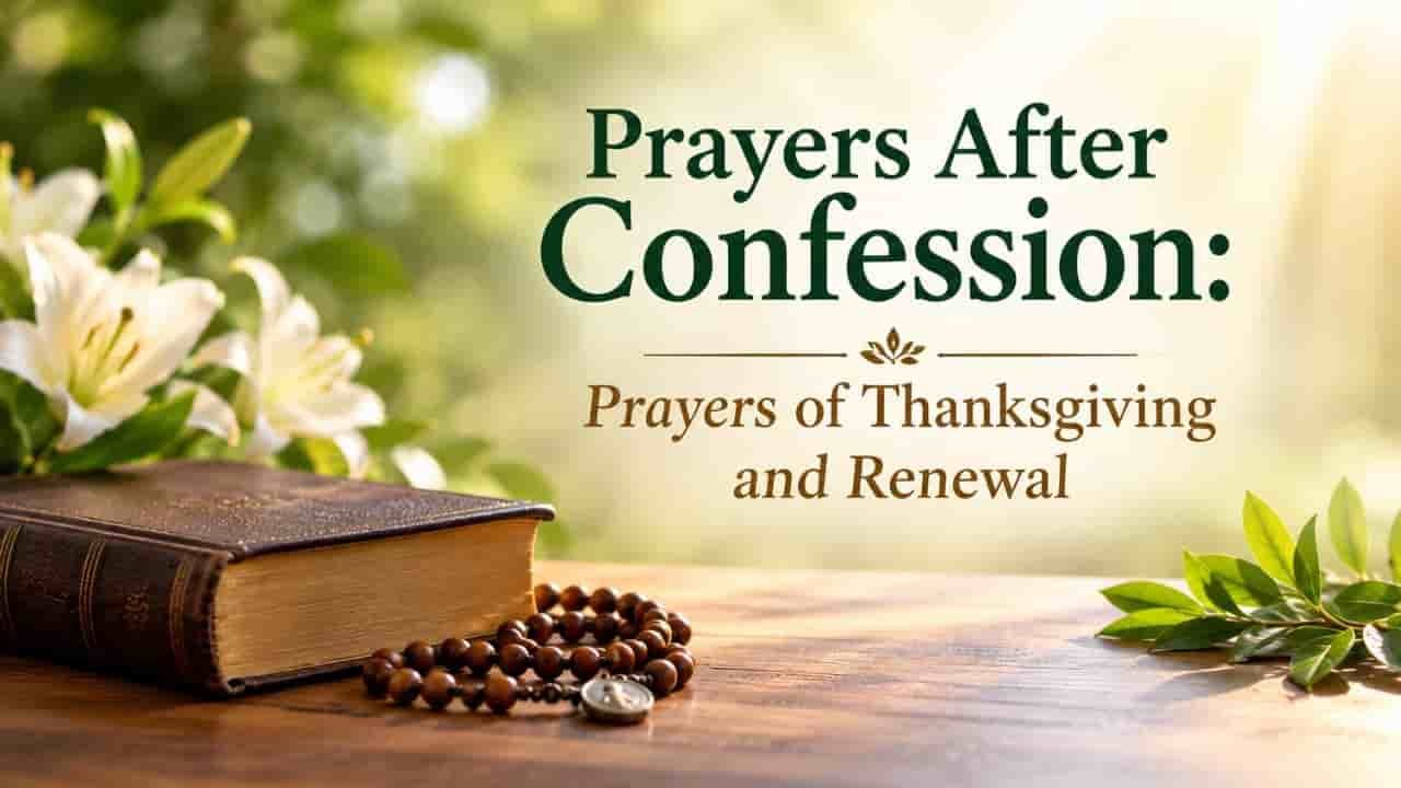 Please write in English language. Prayers after confession banner with a Bible, wooden rosary, white lilies, and greenery on a sunlit wooden table "prayers after confession".