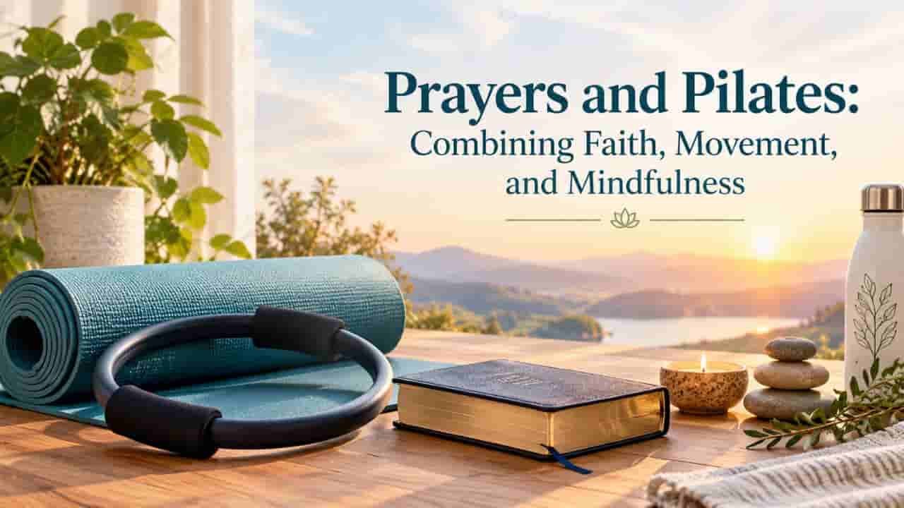 Prayers and Pilates setup with a teal yoga mat, Pilates ring, prayer book, candle, and stacked stones in a peaceful sunrise setting.