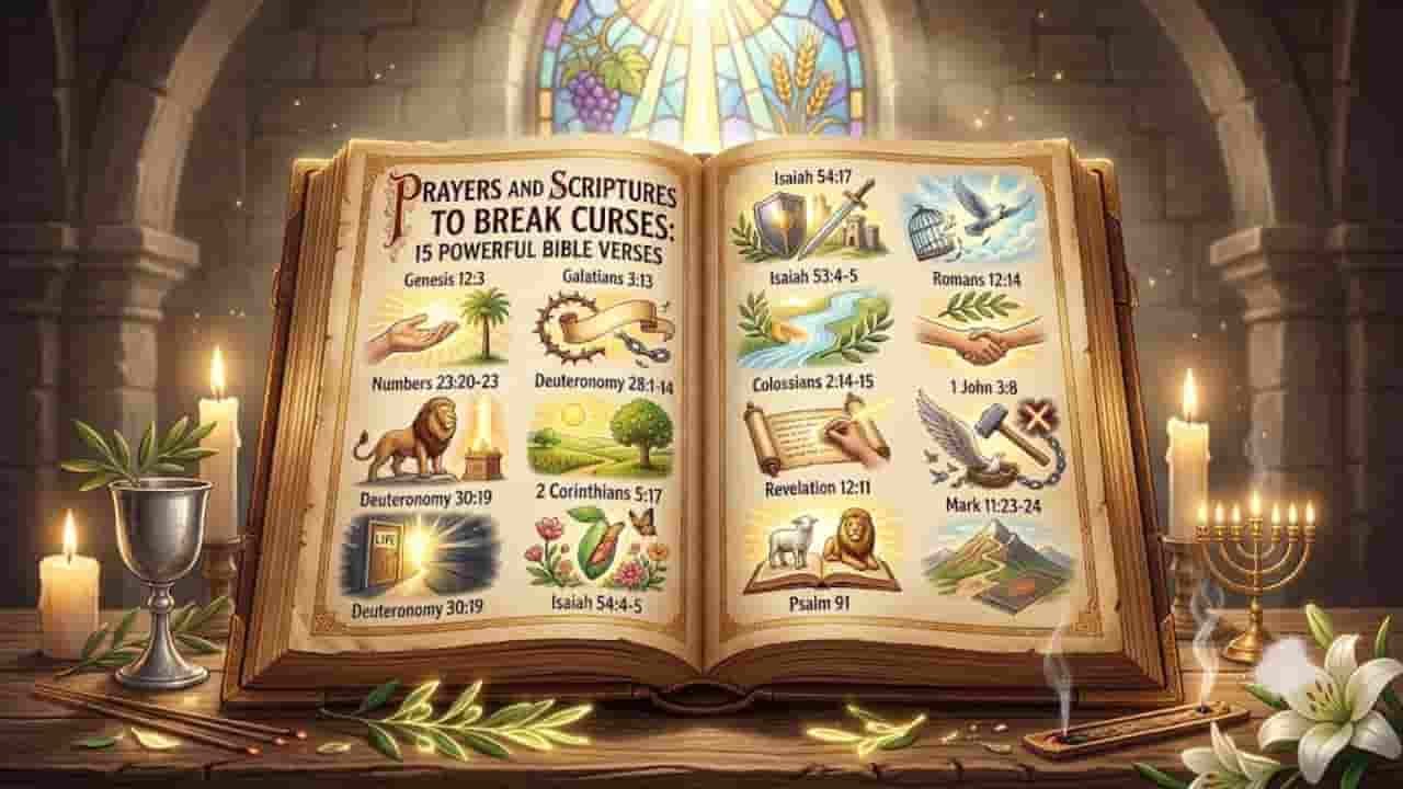 An ornate open Bible displaying 15 illustrated scriptures to break curses, placed on a wooden table with candles, an olive branch, and a menorah "prayers and scriptures to break curses".
