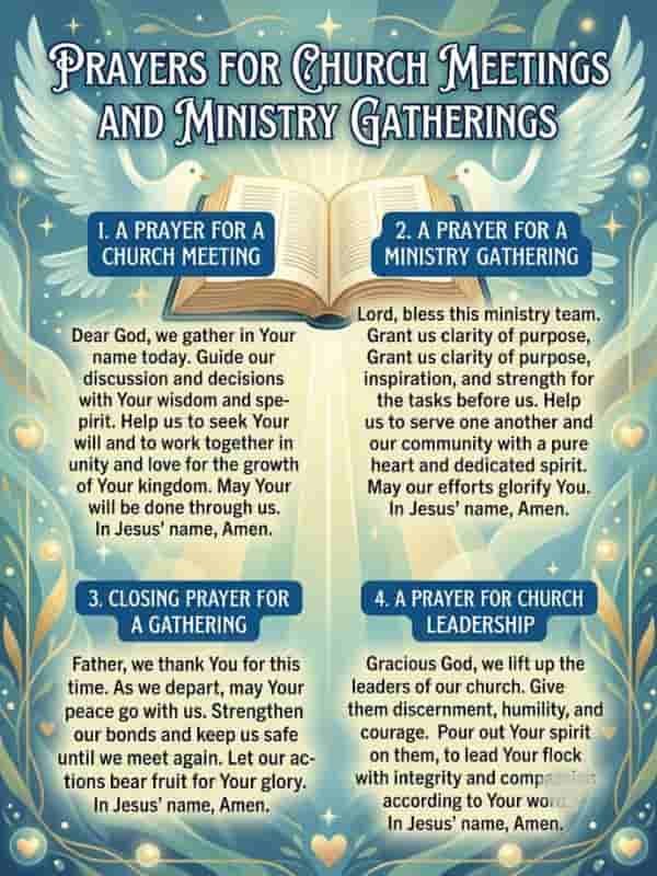An image featuring four distinct prayers for church meetings and ministry gatherings set against a soft blue and gold backdrop with an open Bible and white doves at the top.
