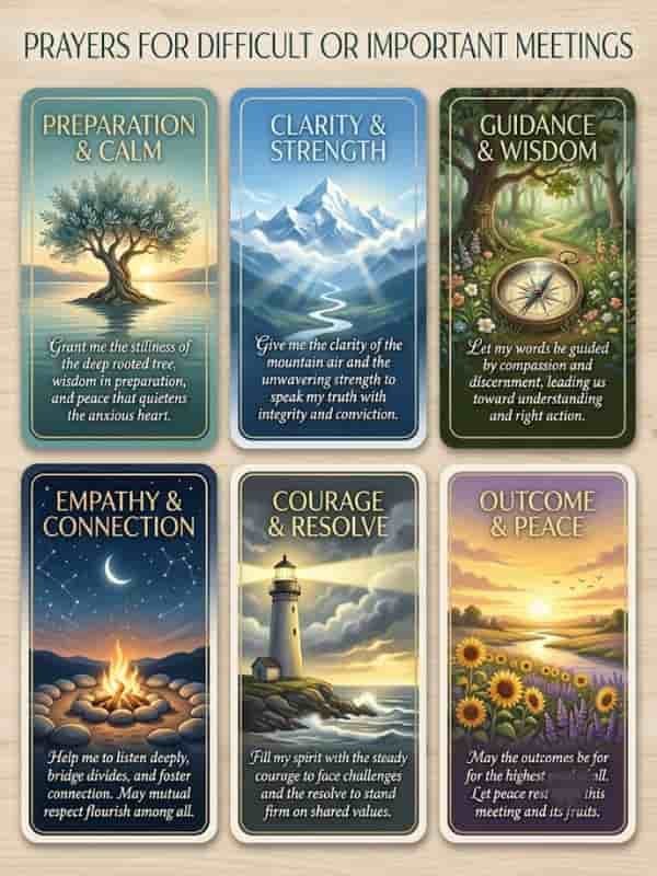 Six prayer card designs for difficult or important meetings, each featuring thematic artwork such as trees, mountains, a compass, a campfire, a lighthouse, and a sunflower field.