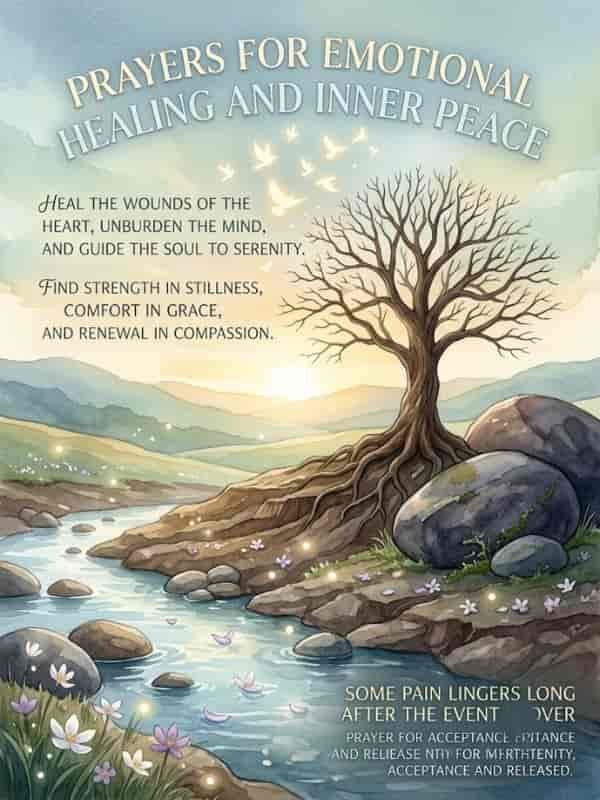 Watercolor illustration with a sunrise, a stream, a bare tree, and doves, featuring a prayer for emotional healing and inner peace and a message about lingering pain.