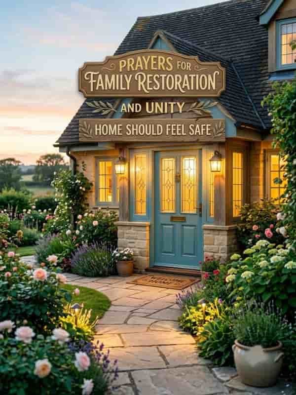 A cozy home entrance surrounded by blooming gardens with a wooden sign reading "Prayers for Family Restoration and Unity" and "Home Should Feel Safe."