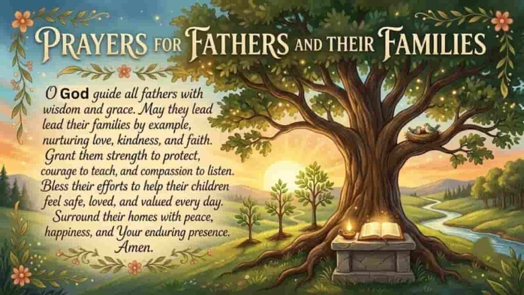 An artistic graphic featuring a large, sturdy oak tree next to a stone altar with an open book, small saplings, and a glowing sunrise, accompanied by the text "Prayers for Fathers and Their Families" and a prayer for wisdom, strength, and guidance.