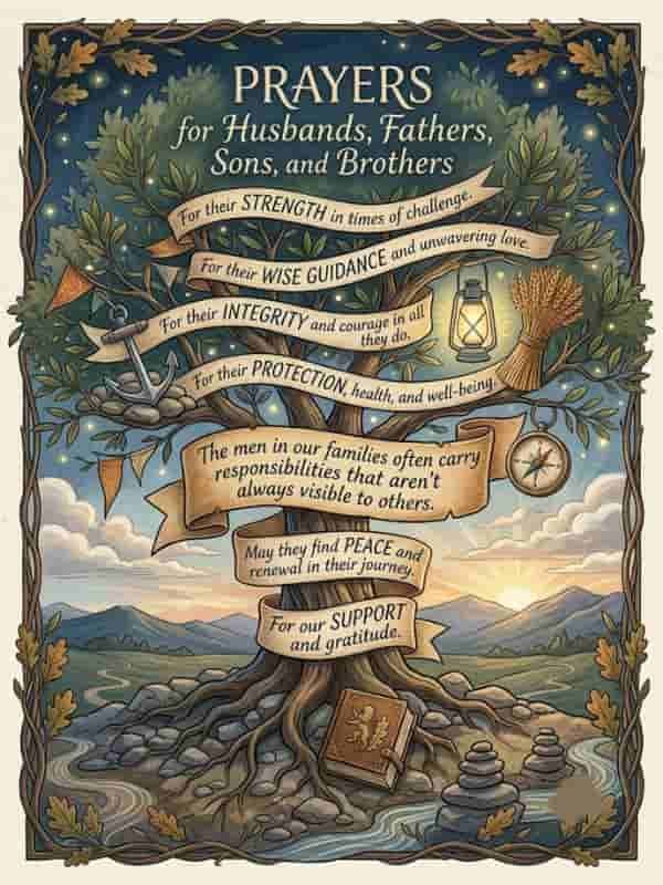 An illustrated oak tree with parchment banners wrapped around its trunk and branches, displaying prayer points for husbands, fathers, sons, and brothers. The tree stands in a peaceful mountain landscape at sunrise, adorned with symbolic icons like a compass, lantern, anchor, wheat, and book, framed by a decorative vine border.