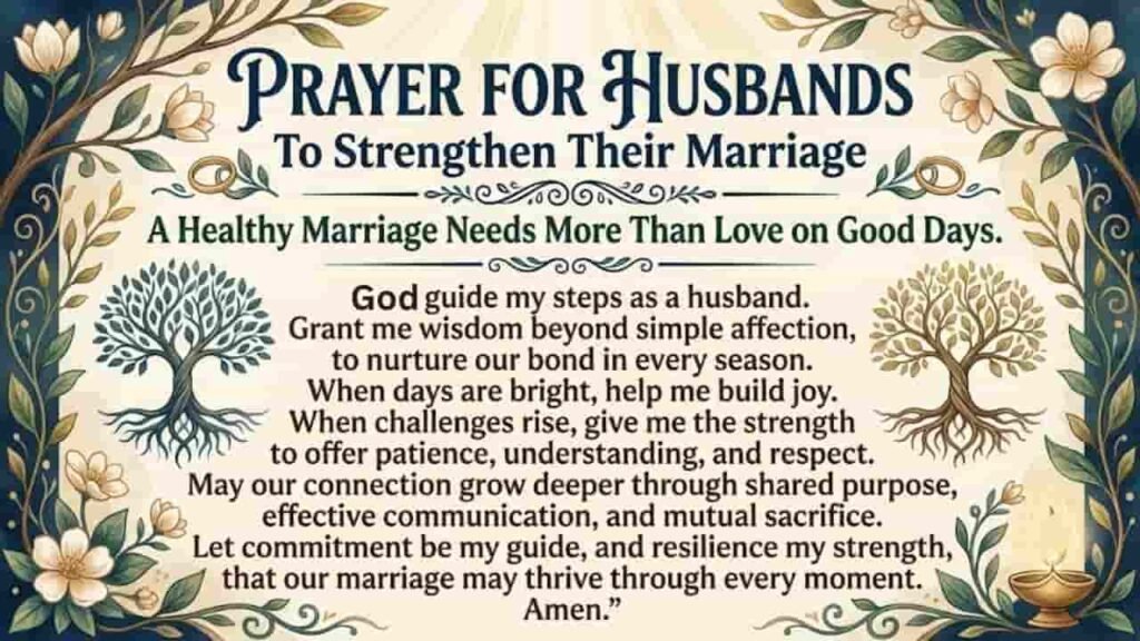 An elegant, decorated graphic card featuring the heading "PRAYER FOR HUSBANDS To Strengthen Their Marriage" and the subtitle "A Healthy Marriage Needs More Than Love on Good Days." The card includes a heart-centered prayer written in script text, flanked by stylized trees of life, golden wedding rings, delicate floral vines, and a glowing oil lamp.