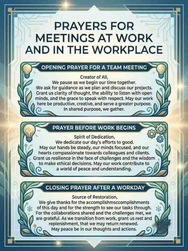 An infographic titled "Prayers for Meetings at Work and in the Workplace" featuring three framed prayer cards with decorative botanical motifs and icons.