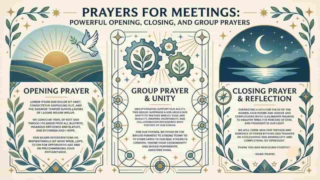 An infographic titled "Prayers for Meetings: Powerful Opening, Closing, and Group Prayers," featuring decorative botanical borders, a rising sun, interlocking gears, and a crescent moon with stars.