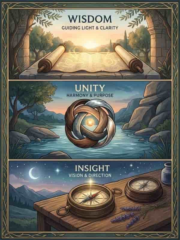 A three-panel illustration featuring theme-based symbols of wisdom, unity, and insight. The top panel shows an open ancient scroll bathed in soft light with the words "Wisdom - Guiding Light & Clarity". The middle panel depicts interlocking wooden rings in harmony over a river with the text "Unity - Harmony & Purpose". The bottom panel displays a vintage brass compass on a wooden table beneath a night sky with the title "Insight - Vision & Direction".