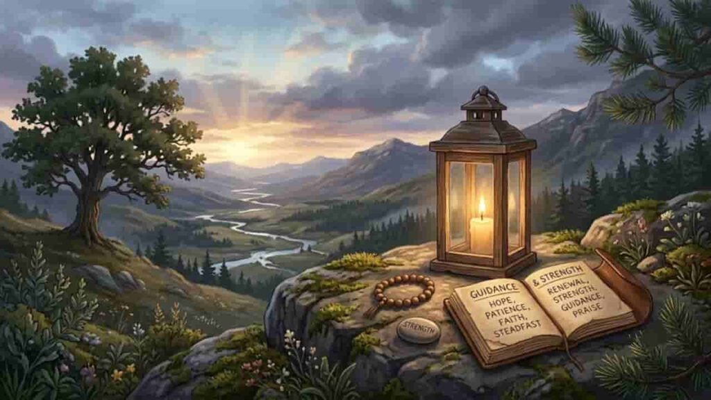An open book rests on a rock alongside a glowing candle lantern, prayer beads, and a stone, overlooking a valley at dawn.