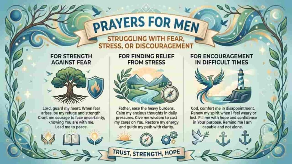An graphic featuring three prayers for men dealing with fear, stress, and discouragement, framed by decorative botanical borders. The layout includes central sections labeled "For Strength Against Fear," "For Finding Relief From Stress," and "For Encouragement in Difficult Times," each accompanied by symbolic illustrations like a deep-rooted tree, a river running through mountains, a lighthouse, and a phoenix.
