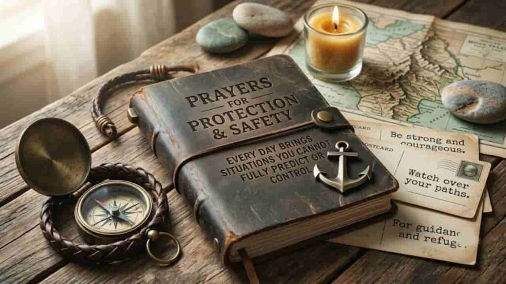 A rustic leather journal featuring the text "Prayers for Protection & Safety" and "Every day brings situations you cannot fully predict or control" on a wooden table, surrounded by a brass compass, vintage map, lit candle, anchor, and inspirational cards.
