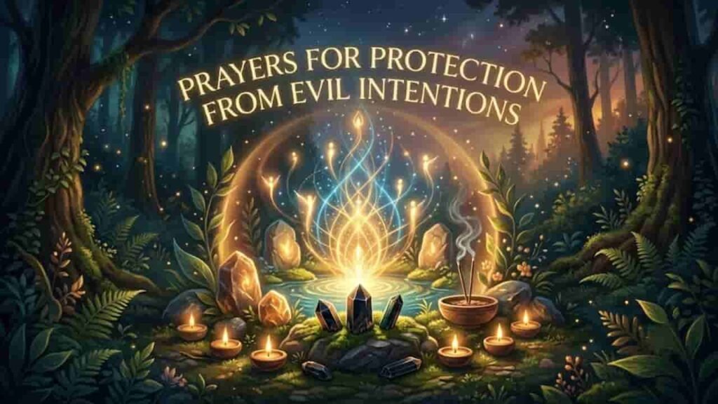 Prayers for protection from evil intentions featured text surrounded by glowing candles, protective stones, and serene forest foliage.