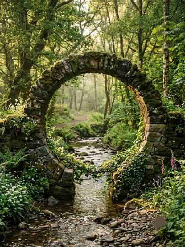 A mossy stone archway framing a flowing creek through a lush forest pathway.