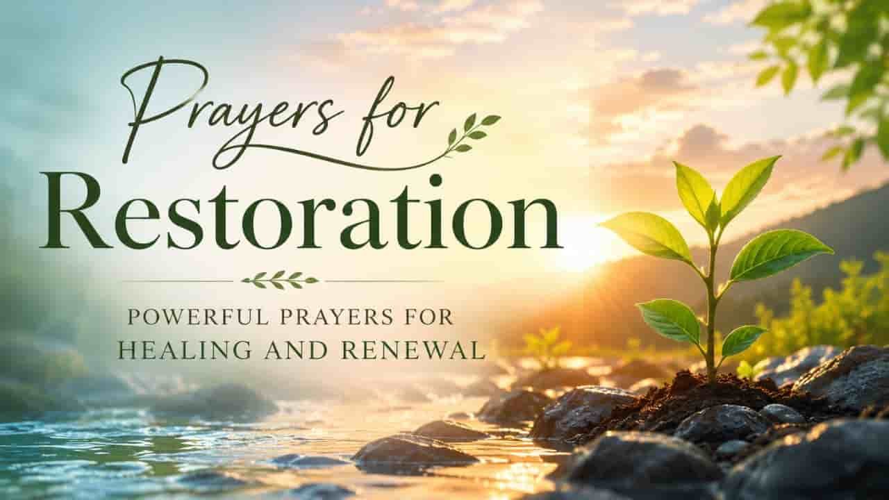 Prayers for restoration with a glowing sunrise, a fresh green sprout, and the words “Powerful Prayers for Healing and Renewal.