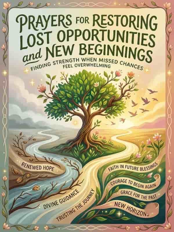Illustrated poster featuring a flourishing tree with roots connecting dry, barren earth to a vibrant sunrise path, titled "Prayers for Restoring Lost Opportunities and New Beginnings."