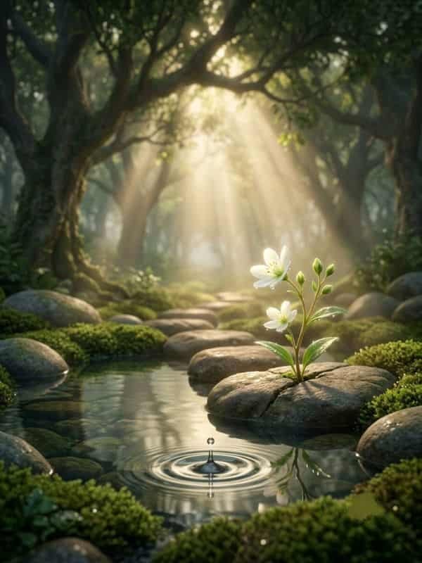 A delicate white flower blooming through a stone beside a calm stream with gentle water ripples, bathed in warm sunbeams filtering through a peaceful forest canopy.