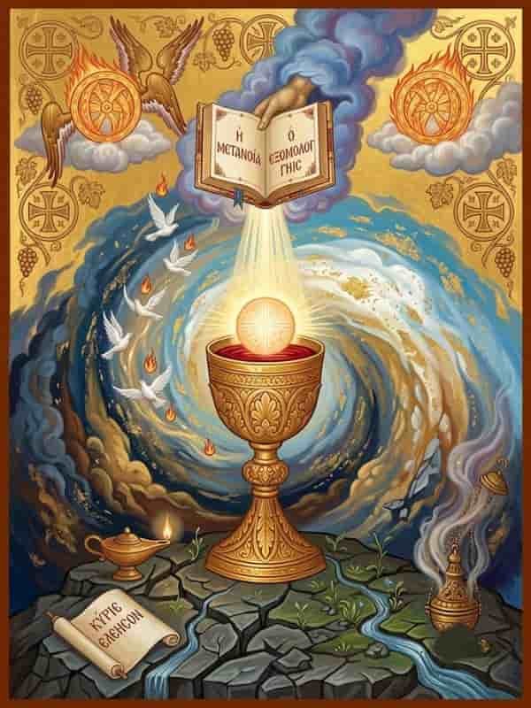 An Eastern Orthodox iconographic digital art composition illustrating repentance and confession, featuring an open Gospel book with Greek script, a glowing golden chalice, a burning oil lamp, an incensor, and soaring white doves against an ornate gold foil background.