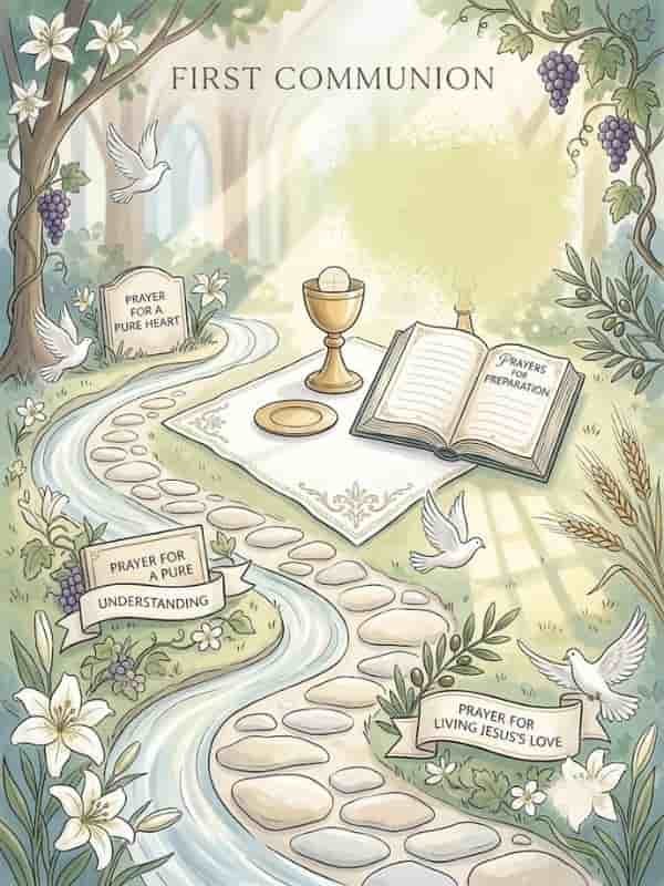 An illustration featuring Eucharistic symbols, including a chalice, host, open book, white doves, lilies, and wheat, set along a winding stone path in a garden.