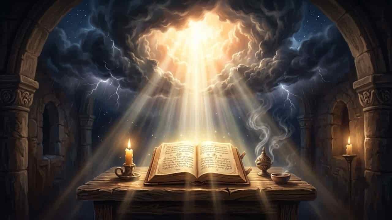 An open sacred book resting on a wooden altar table surrounded by glowing candles, incense smoke, and dramatic rays of divine light bursting through dark stormy clouds "Prayers to Remove Curses".