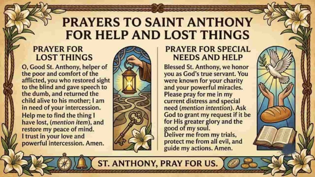 A framed chart featuring two prayers to Saint Anthony—one for lost items and one for special needs—decorated with lily corners, a lantern, a key, a dove, bread, an open Bible, and nautical motifs.