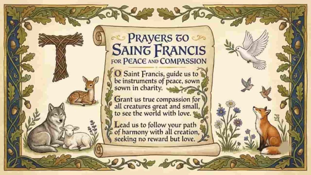 An illuminated manuscript-style scroll titled "Prayers to Saint Francis for Peace and Compassion" surrounded by animals including a wolf, lamb, deer, fox, and a dove with an olive branch.