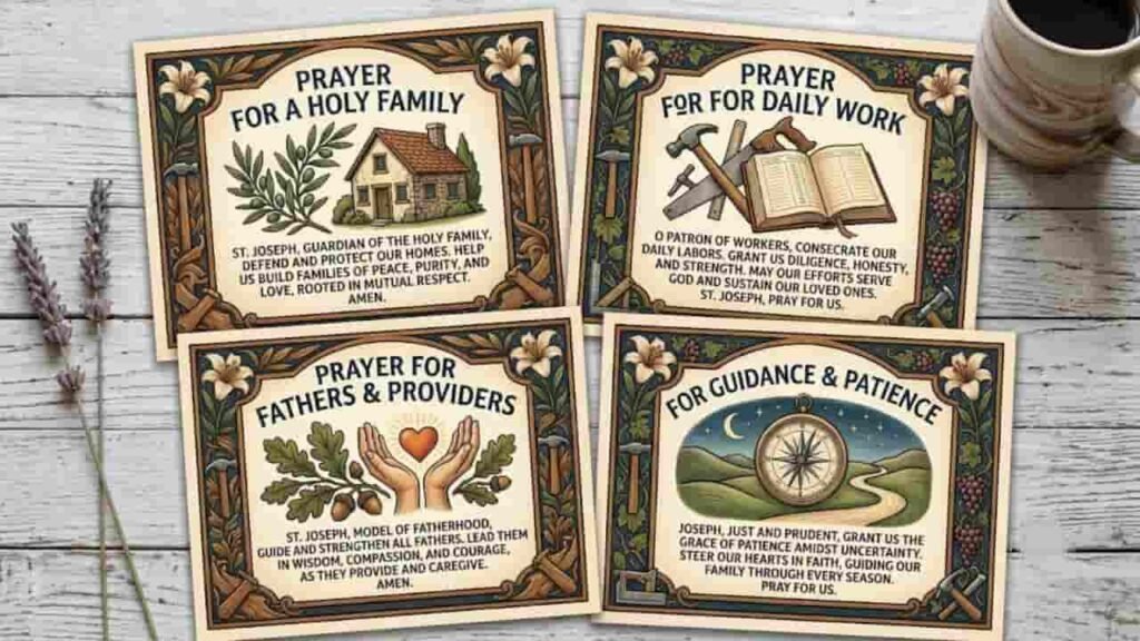 Four illustrated prayer cards dedicated to St. Joseph for family and work displayed on a rustic wooden table next to a coffee mug.
